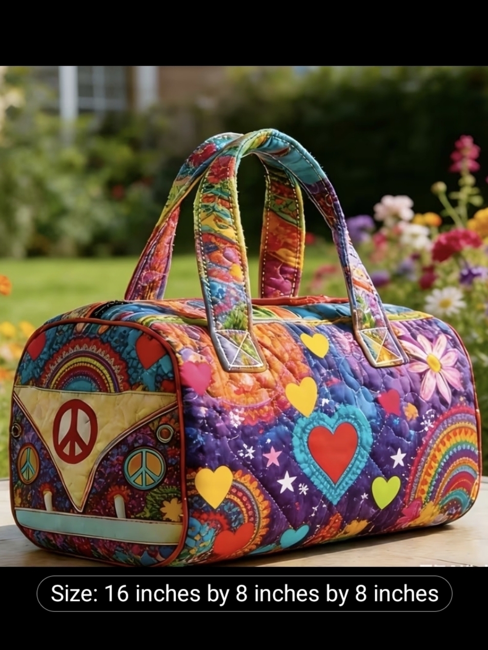 Bohemian Hippie Duffle Style Travel Bag Hearts VW Bus New